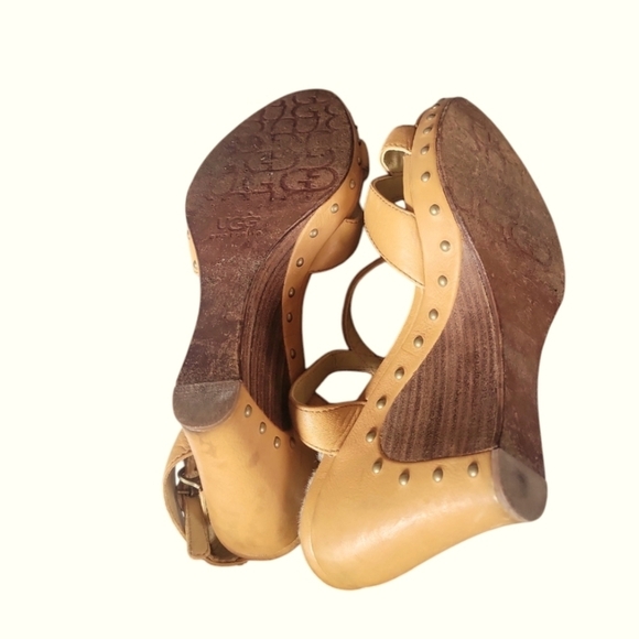 UGG 'Rochelle' Women's Tan Studded Strappy Wedge Stacked Ankle Strap Sandals W8 - Picture 3 of 10